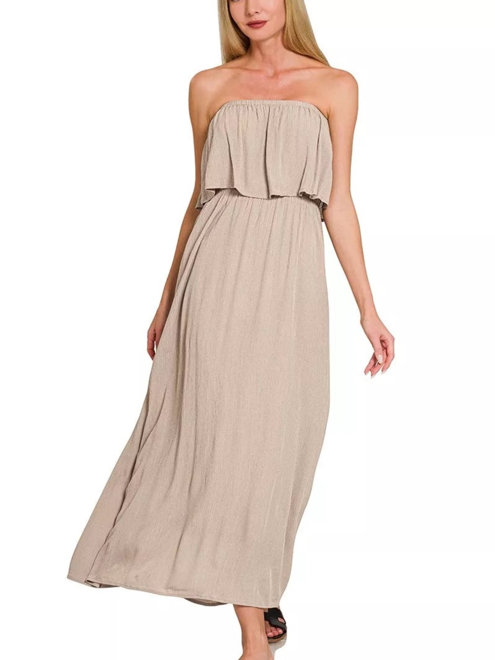 ZENANA WOVEN CRINKLE
STRAPLESS MAXI DRESS